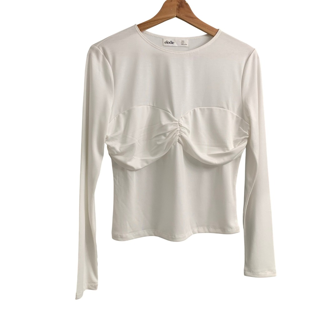 Elodie Womens White Long Sleeve Ruched Bust Top Modal Blend Crew Neck Size M